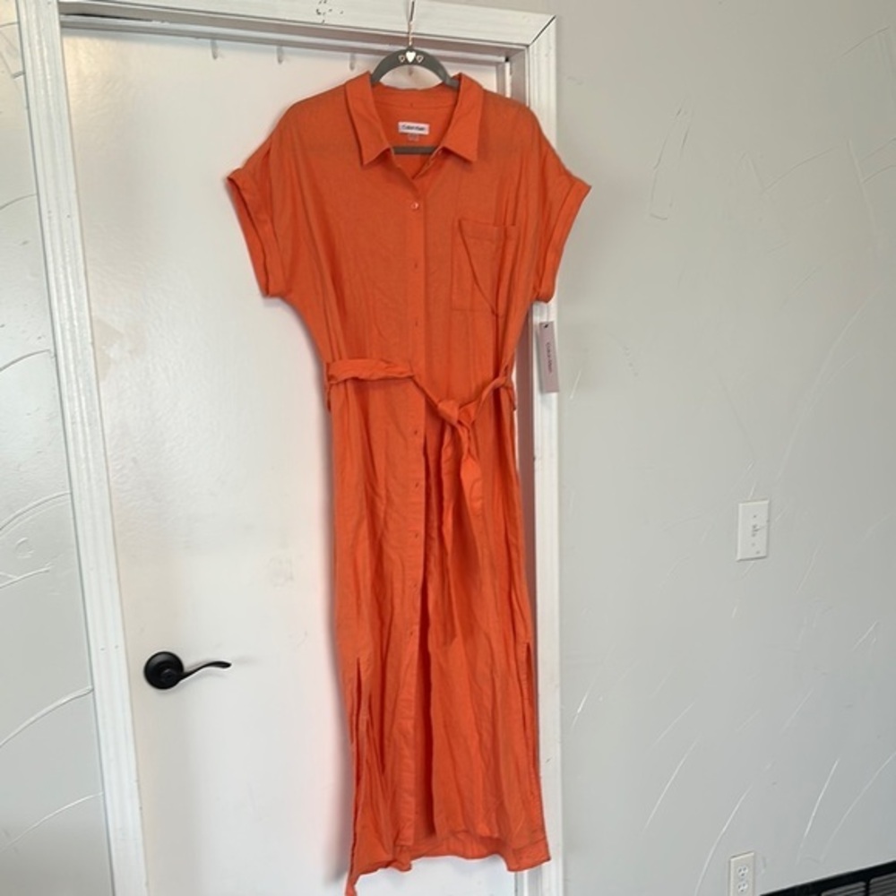 Calvin Klein Linen Blend Coral Maxi Dress 12 NWT